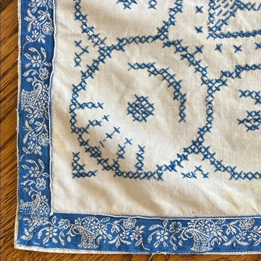 Embroidered Tablecloth Dresser Scarf Blue Cross Stitch Cutter Vintage